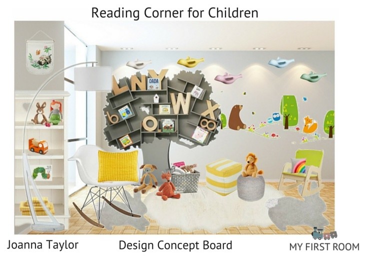 Foto de dormitorio infantil de 1 a 3 años contemporáneo grande con paredes grises y suelo de madera clara