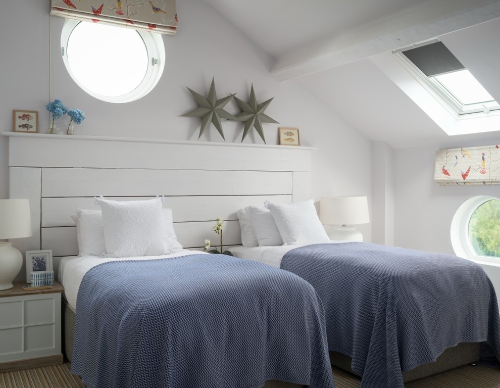 Small beach style gender-neutral kids' bedroom photo in Cheshire with white walls