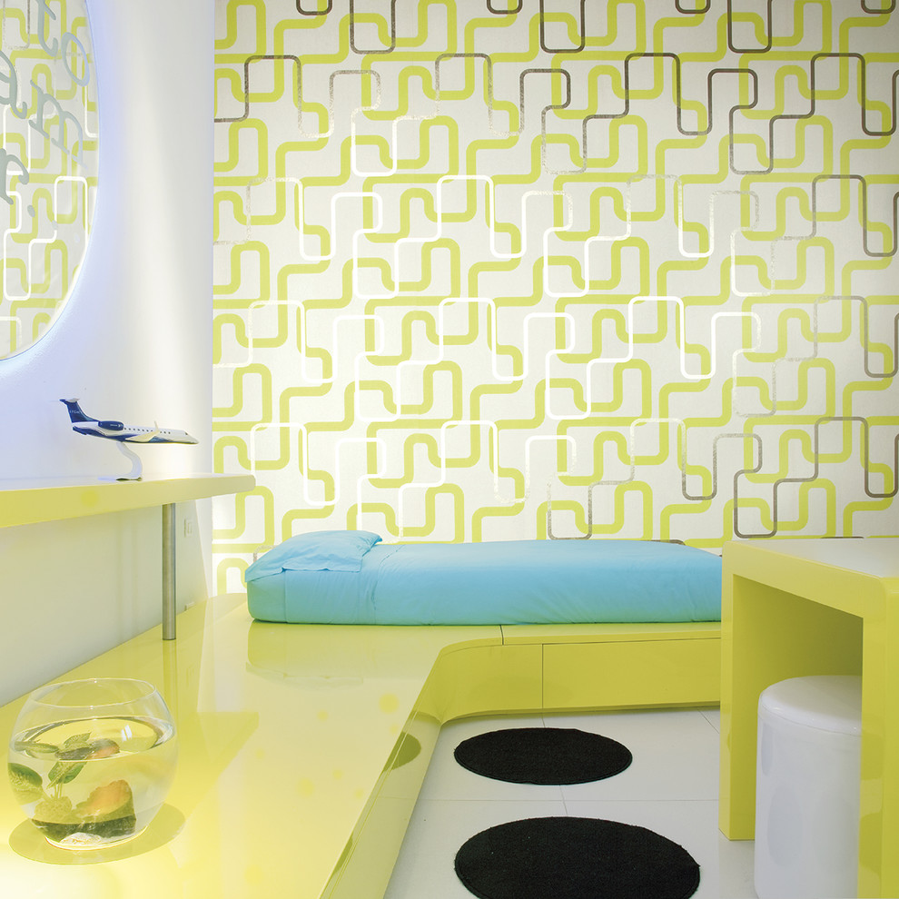 Medium sized modern children’s room for boys in Other with multi-coloured walls, porcelain flooring and white floors.