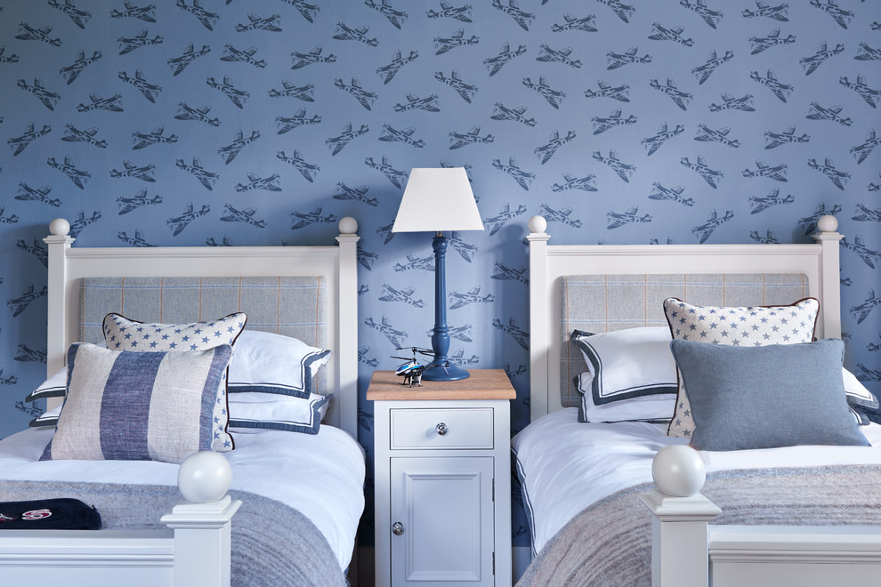 Nautical children’s room for boys in Wiltshire with blue walls.