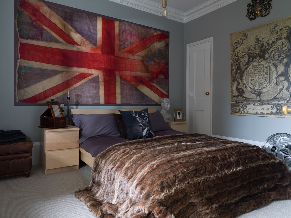 Inspiration for a medium sized traditional teen’s room for boys in Other with grey walls, carpet and grey floors.