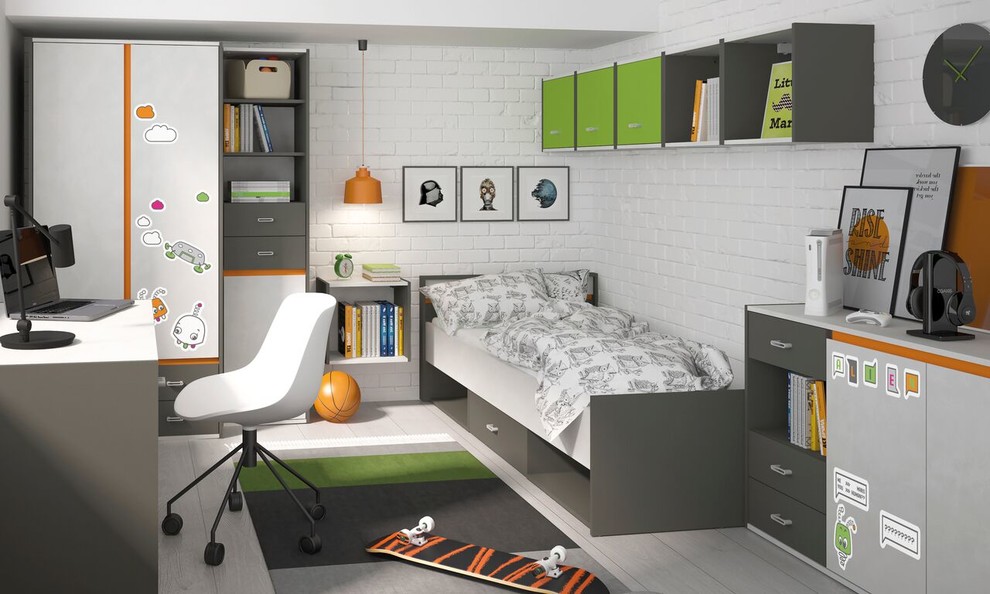 Foto de dormitorio infantil contemporáneo con paredes grises