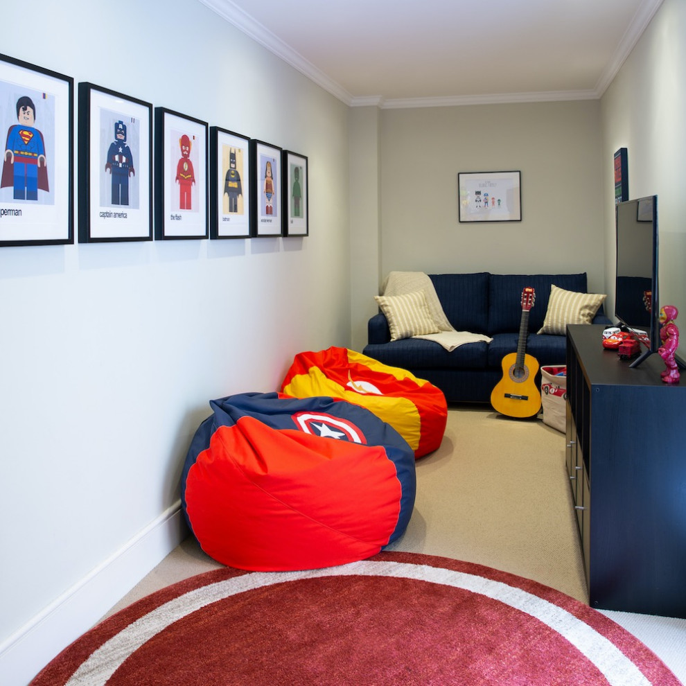 Cette image montre une petite chambre d'enfant de 4 à 10 ans design avec un mur gris et moquette.