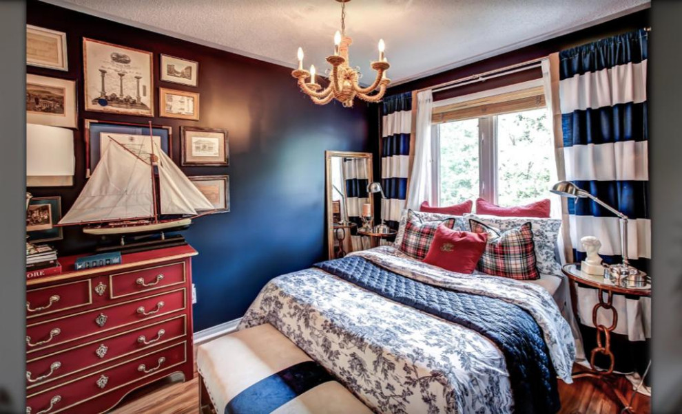Inspiration for a small nautical teen’s room for boys in Toronto with blue walls, light hardwood flooring and grey floors.