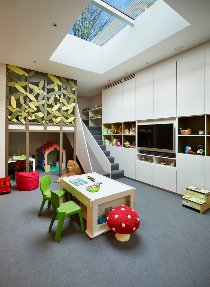 Cette photo montre une chambre d'enfant tendance avec moquette et un lit mezzanine.