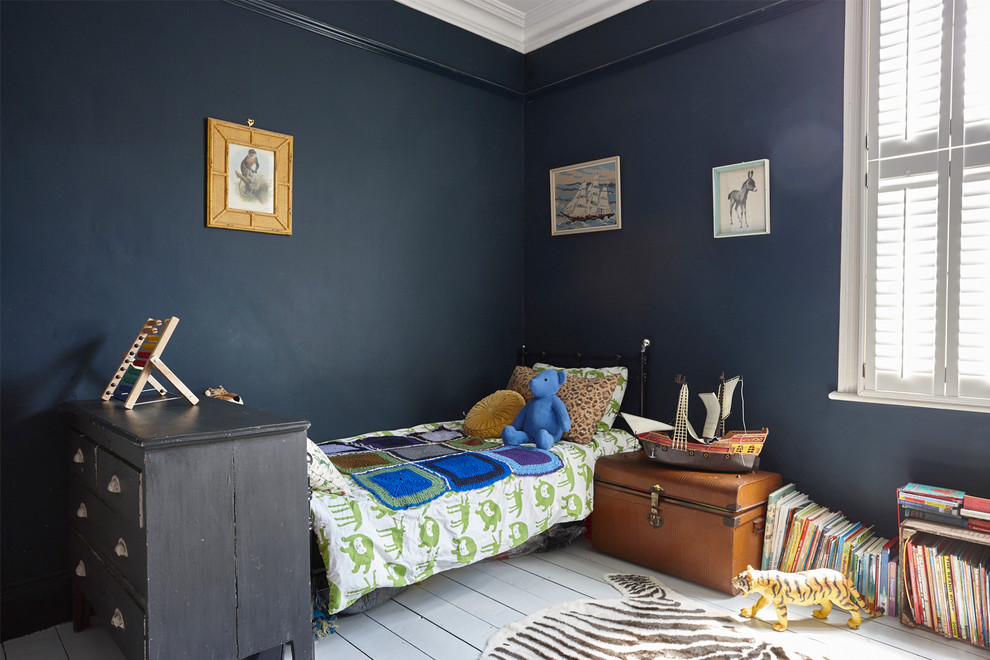 Photo of a large victorian children’s room for boys in London with blue walls and painted wood flooring.