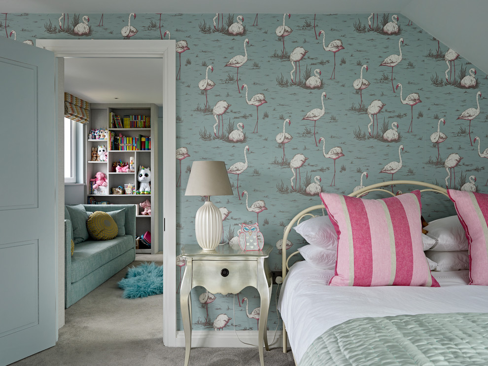 Photo of a medium sized contemporary children’s room for girls in London with carpet, grey floors and multi-coloured walls.