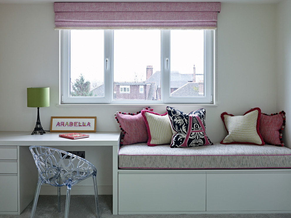 Kids' room - mid-sized contemporary girl carpeted and gray floor kids' room idea in London with white walls