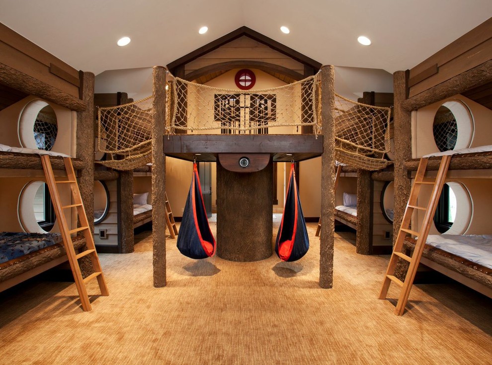 Inspiration for a large rustic gender-neutral carpeted and beige floor kids' room remodel in Salt Lake City with beige walls