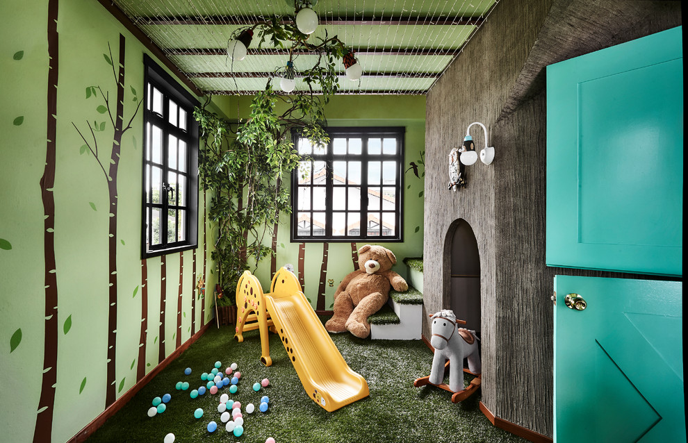 Diseño de dormitorio infantil ecléctico con paredes verdes, moqueta y suelo verde