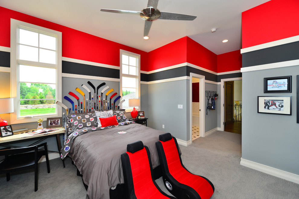Cette image montre une grande chambre d'enfant de 4 à 10 ans design avec un mur multicolore, moquette et un sol gris.