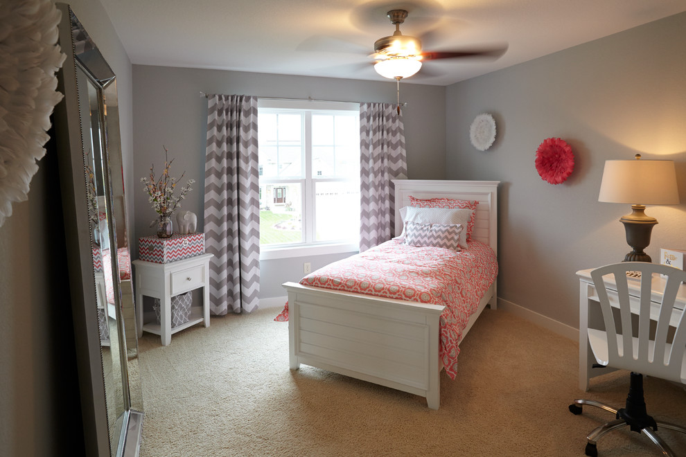 Kids' room - mid-sized traditional girl carpeted kids' room idea in Milwaukee with gray walls