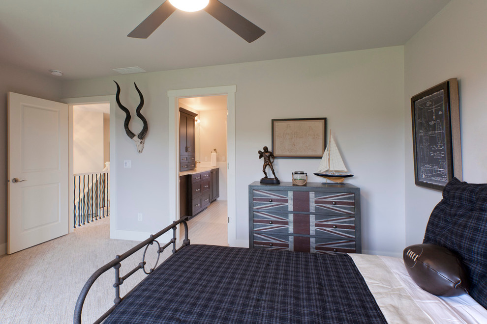 Example of a boy carpeted kids' room design in Omaha with gray walls