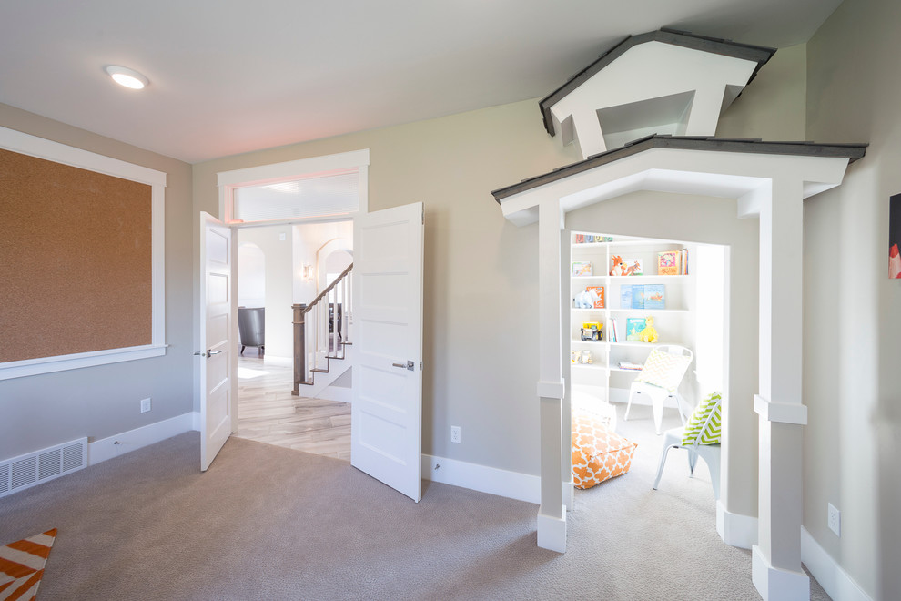 Example of a large transitional girl carpeted kids' room design in Salt Lake City with gray walls