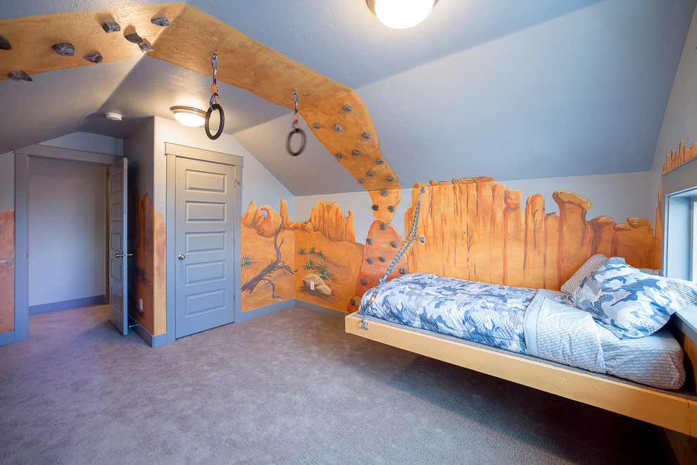 Réalisation d'une chambre d'enfant de 4 à 10 ans bohème de taille moyenne avec un mur multicolore, moquette et un sol gris.