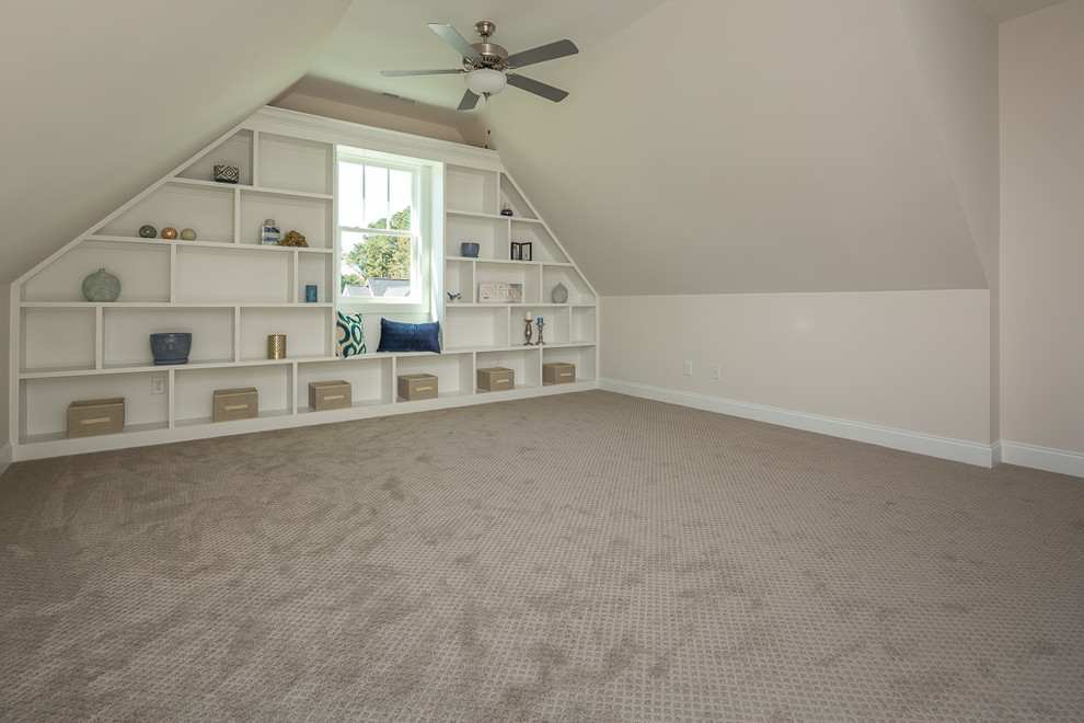 Design ideas for a medium sized rural gender neutral playroom in Raleigh with grey walls, carpet and grey floors.