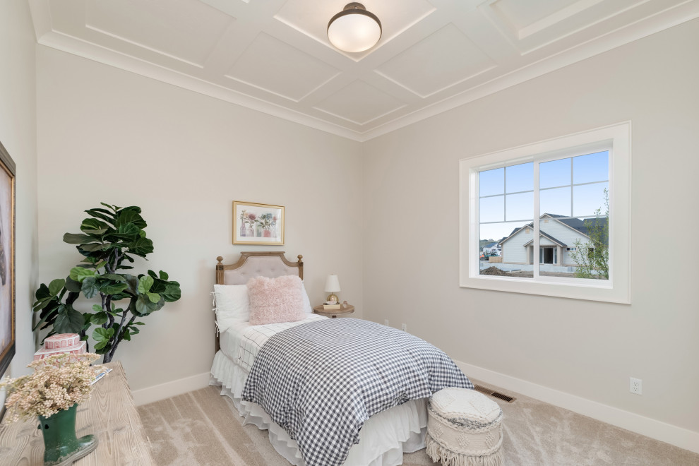 Modelo de dormitorio infantil campestre de tamaño medio con paredes grises, moqueta y suelo beige