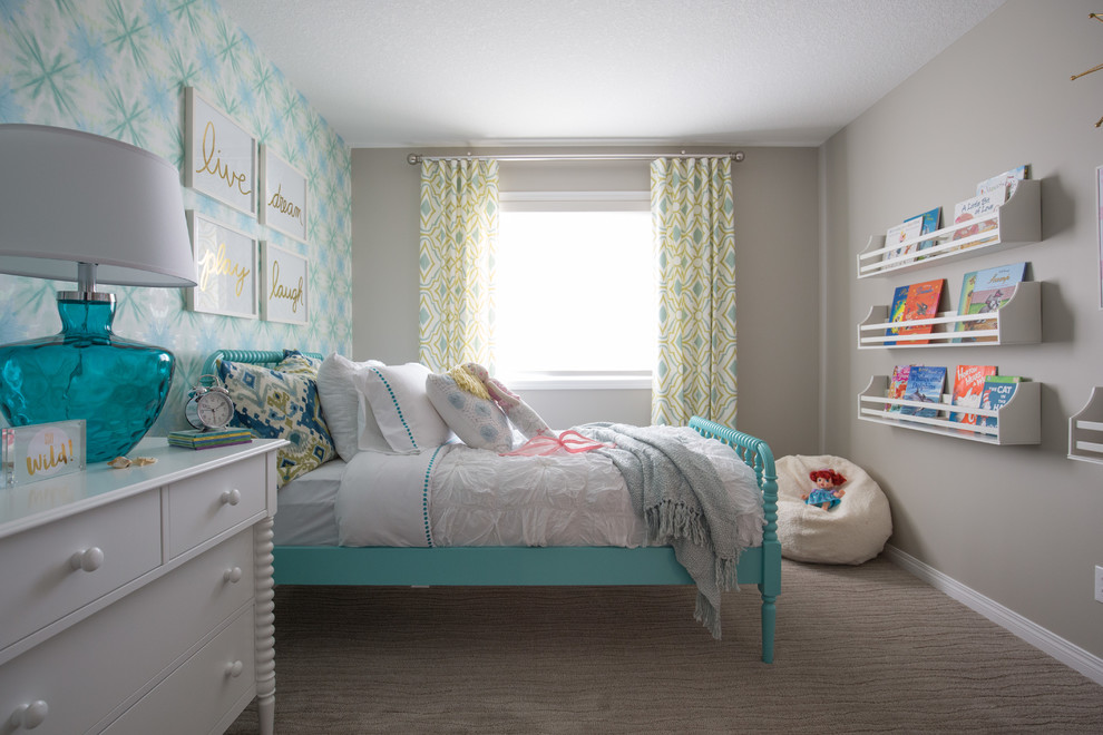 Medium sized classic children’s room for girls in Calgary with grey walls and carpet.
