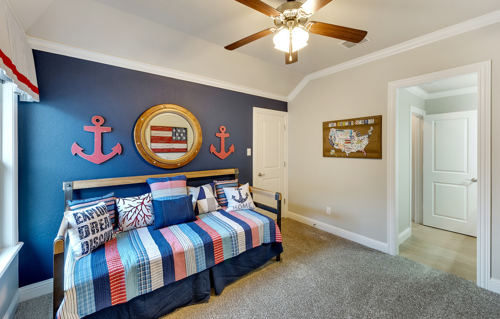 Photo of a coastal children’s room for boys in Dallas with blue walls.