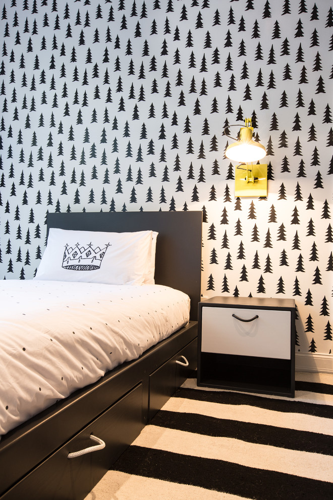 Inspiration för ett funkis pojkrum kombinerat med sovrum, med flerfärgade väggar