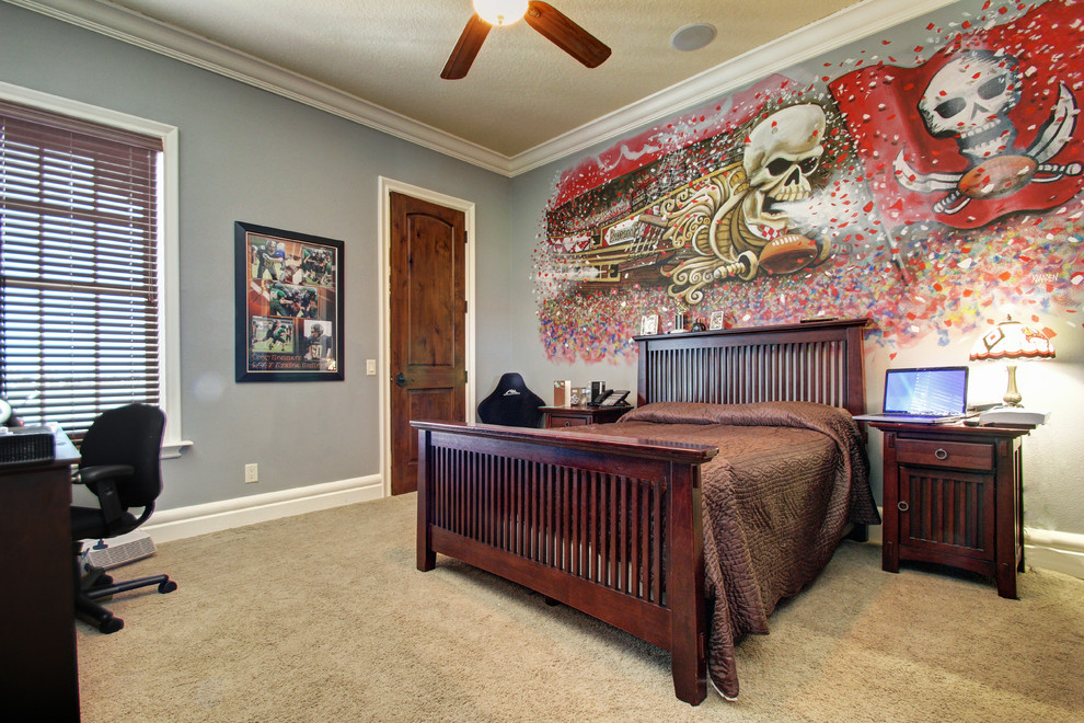 Inspiration for a large contemporary teen’s room for boys in Tampa with blue walls and carpet.