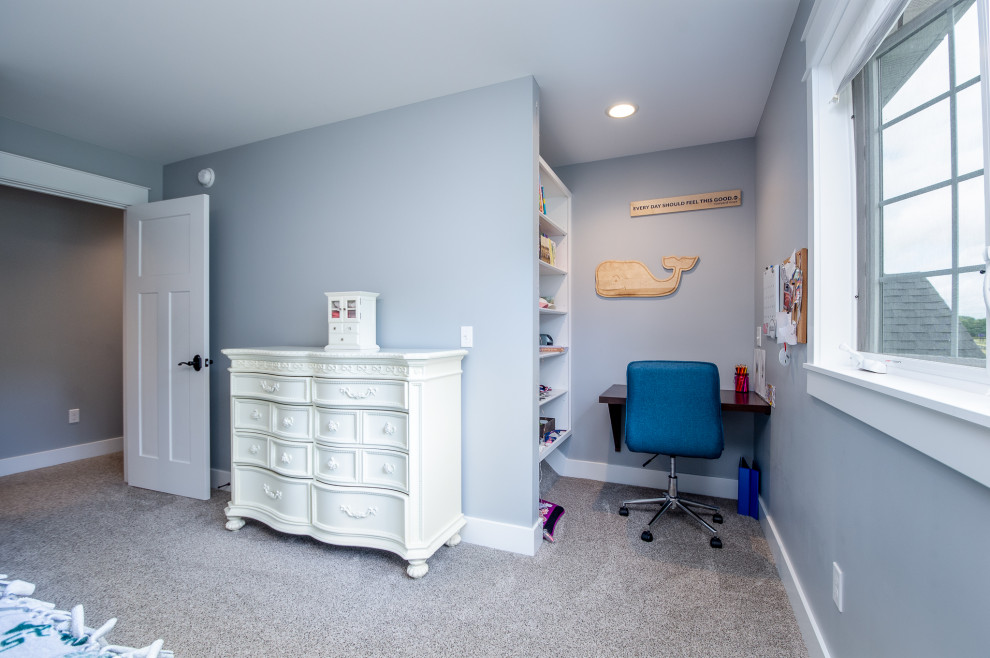 Kids' room - large transitional gender-neutral carpeted and gray floor kids' room idea in Other with gray walls