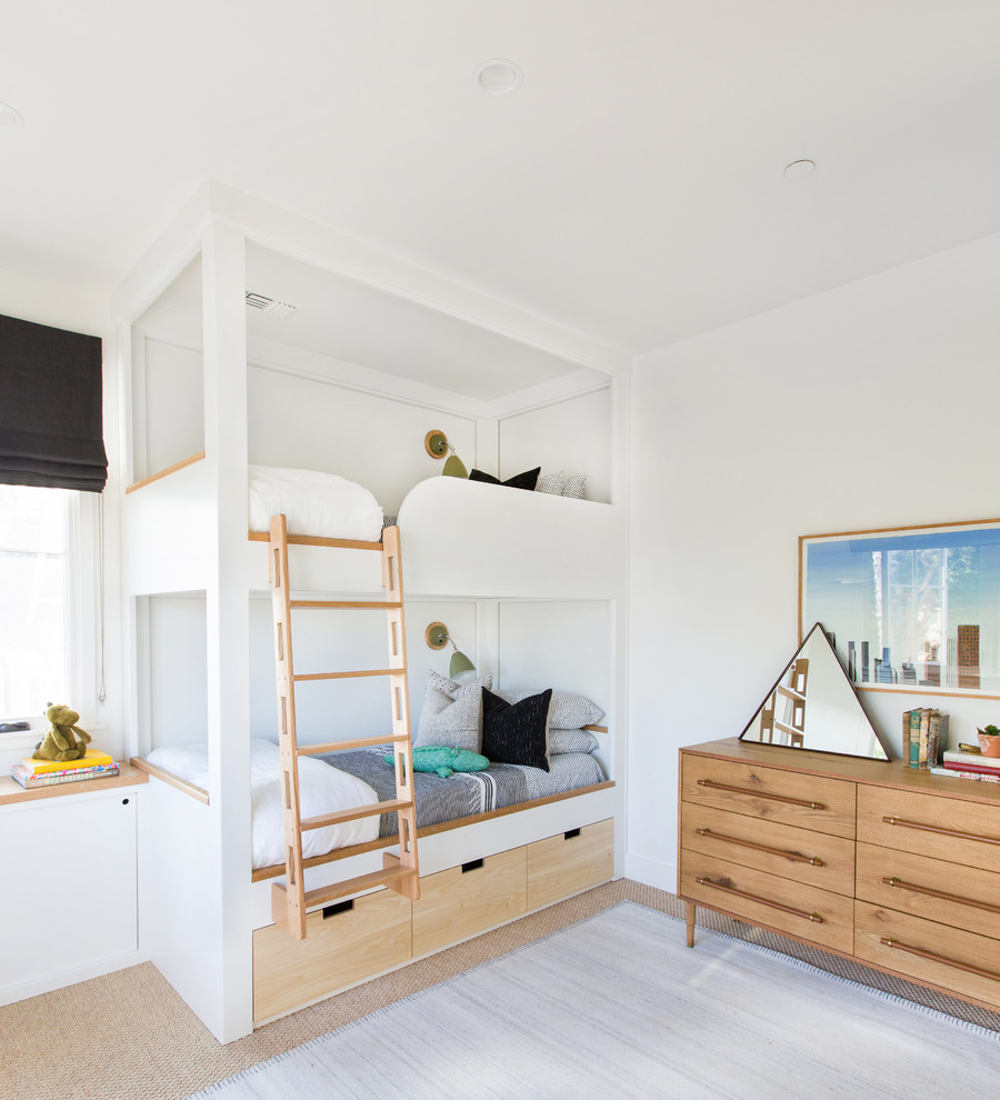 Large transitional gender-neutral carpeted and beige floor kids' room photo in San Diego with white walls