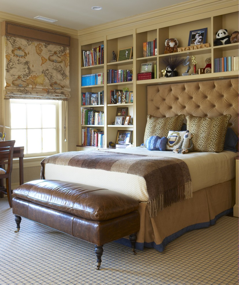 Design ideas for a large traditional teen’s room for boys in New York with beige walls, carpet and beige floors.