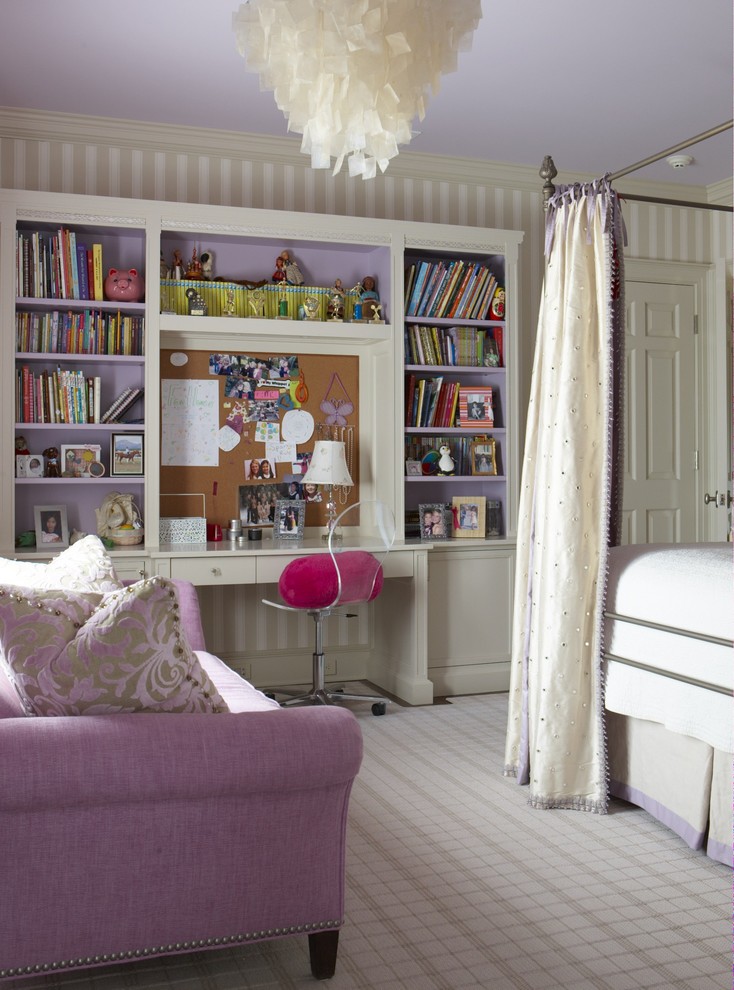 Inspiration for a mid-sized timeless girl carpeted and beige floor kids' room remodel in New York with multicolored walls