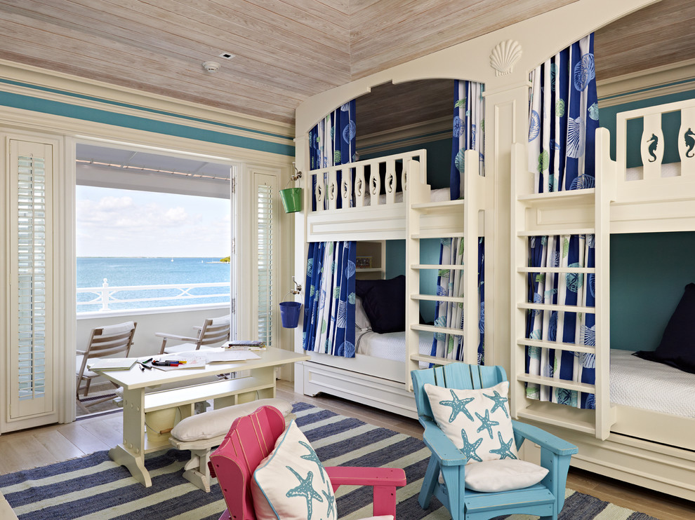 Modelo de dormitorio infantil marinero con paredes azules y suelo de madera clara