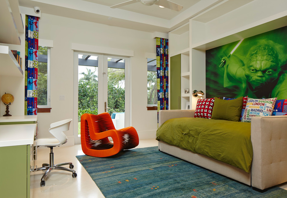Expansive contemporary children’s room for boys in Miami with white walls and porcelain flooring.