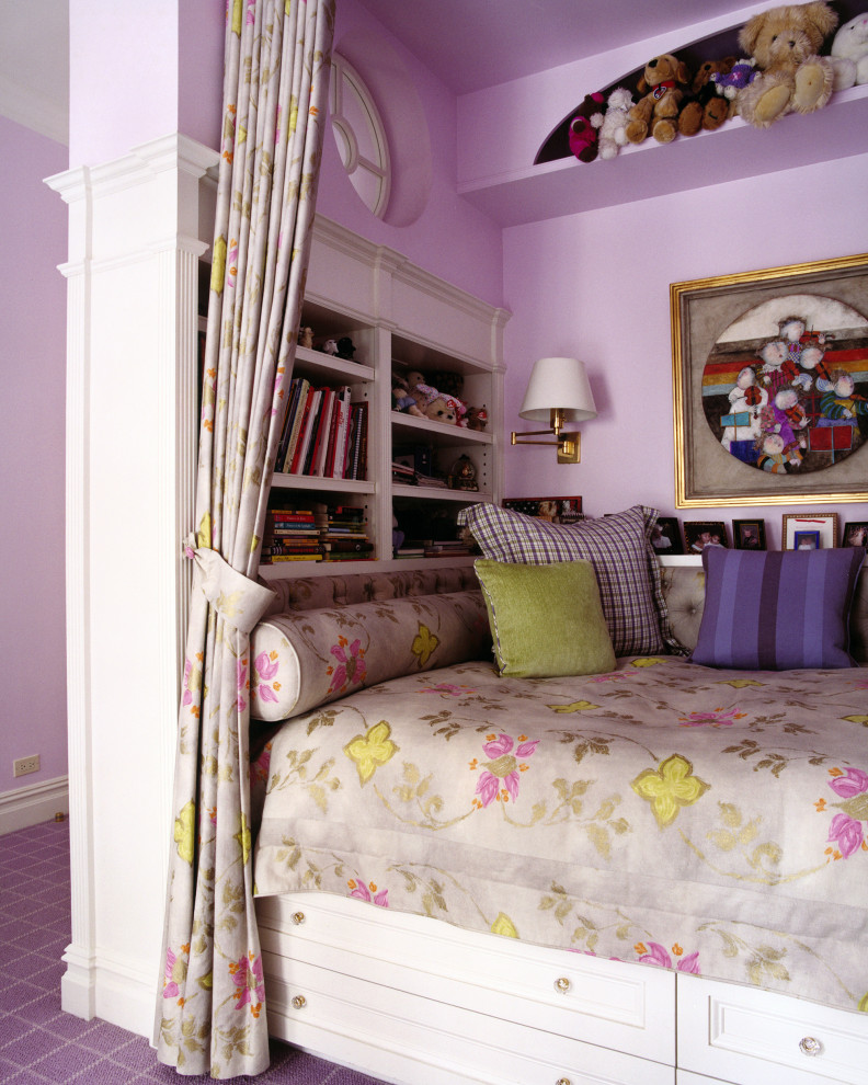 This is an example of a large contemporary kids' bedroom for girls in New York with pink walls, carpet and purple floors.