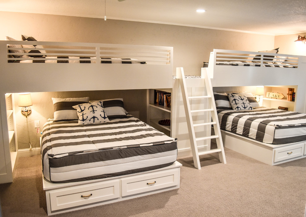 Example of a large beach style gender-neutral carpeted and beige floor kids' room design in Dallas with beige walls