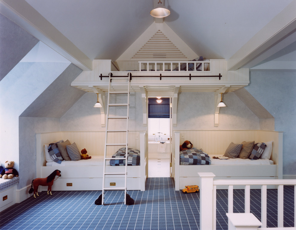 ワシントンD.C.にあるカントリー風のおしゃれな子供部屋 (紫の壁、二段ベッド) の写真