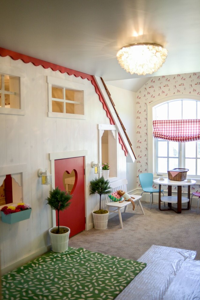 Пример оригинального дизайна: большая детская в стиле модернизм с рабочим местом, белыми стенами и ковровым покрытием для ребенка от 1 до 3 лет, девочки