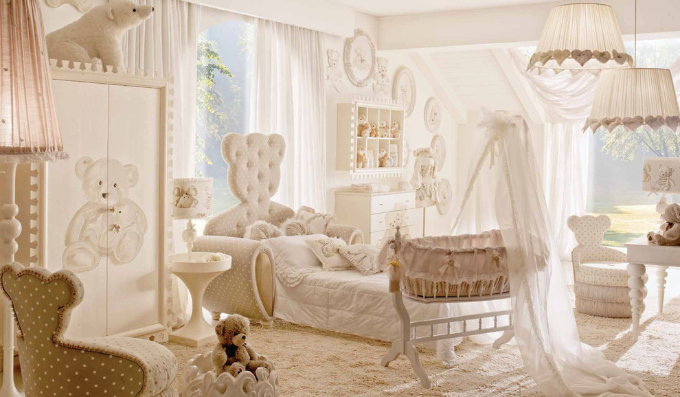 Foto di una grande cameretta per bambini da 4 a 10 anni moderna con pareti bianche e moquette