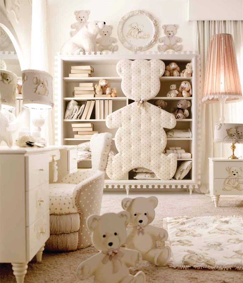 Design ideas for a large modern children’s room for boys in London with white walls and carpet.