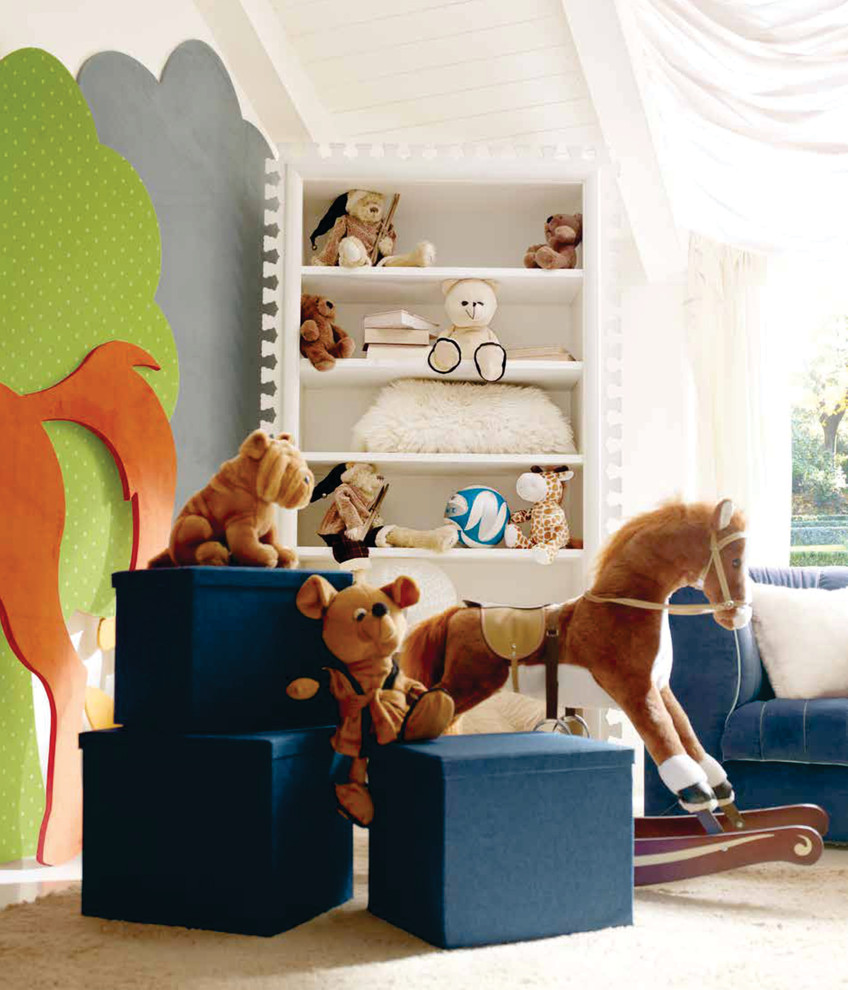 Foto di un'ampia cameretta per bambini da 4 a 10 anni minimalista con pareti bianche e moquette