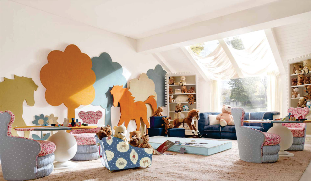 Cette photo montre une très grande chambre d'enfant de 4 à 10 ans moderne avec un mur blanc.