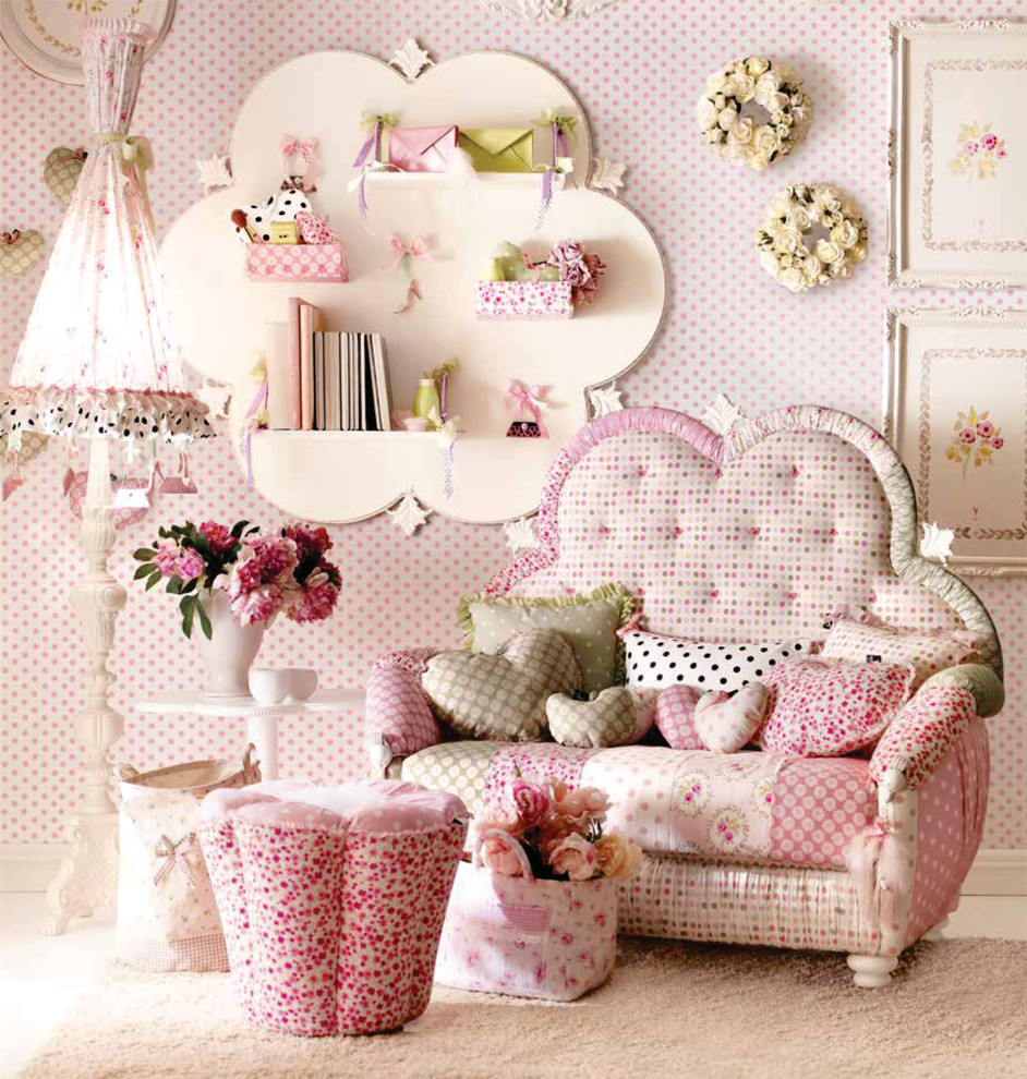 Пример оригинального дизайна: большая детская в стиле модернизм с спальным местом, розовыми стенами и ковровым покрытием для подростка, девочки