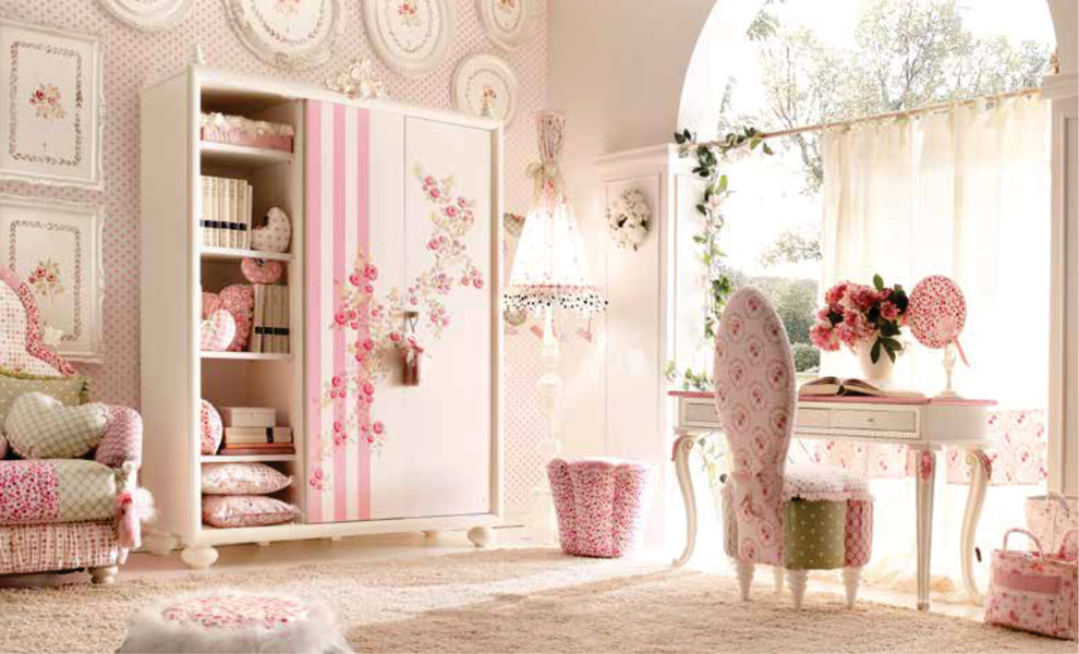Modelo de dormitorio infantil moderno grande con paredes rosas y moqueta
