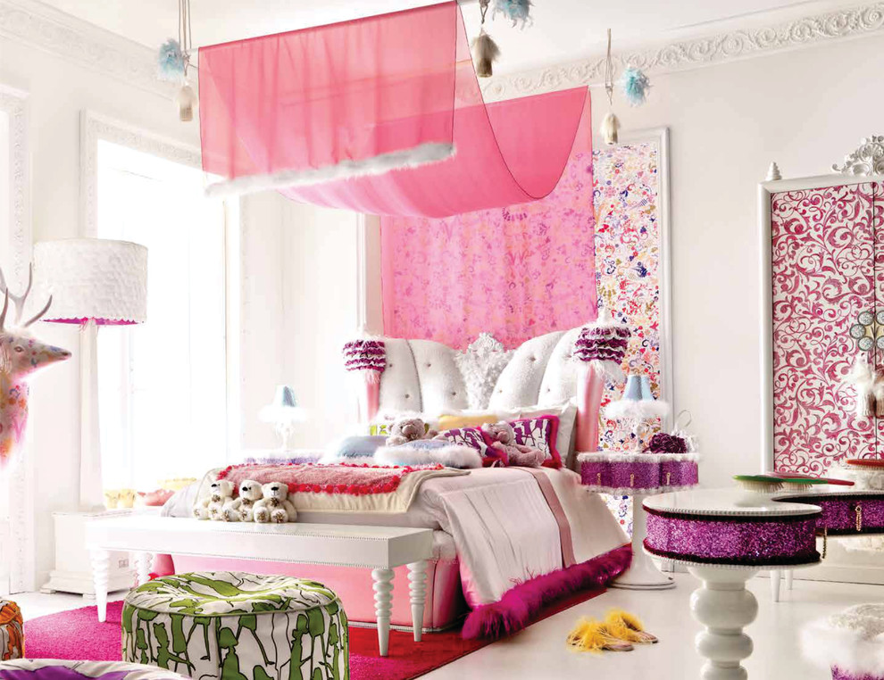 Large modern teen’s room for girls in London with white walls and carpet.