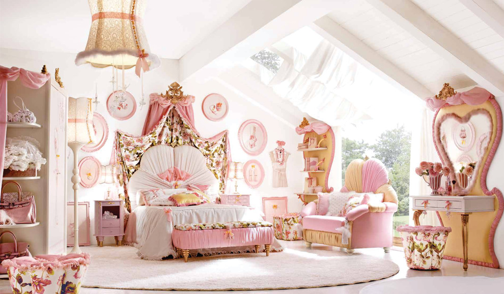 Стильный дизайн: большая детская в стиле ретро с спальным местом, белыми стенами и ковровым покрытием для подростка, девочки - последний тренд