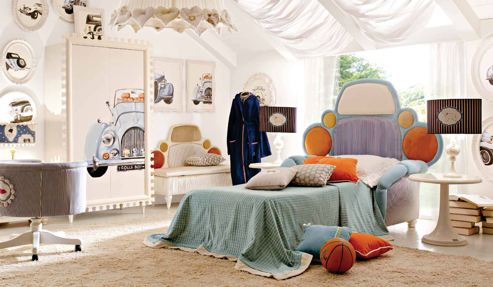 Large modern children’s room for boys in London with white walls and carpet.