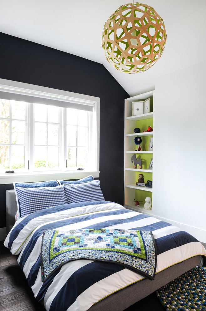 Inspiration for a contemporary dark wood floor and brown floor kids' bedroom remodel in Vancouver with blue walls