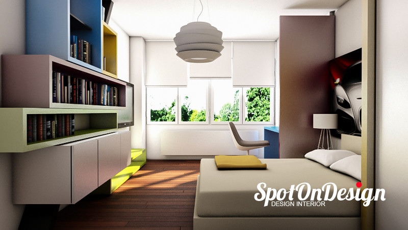 Foto di una cameretta per bambini minimalista di medie dimensioni con pareti bianche e pavimento in legno massello medio
