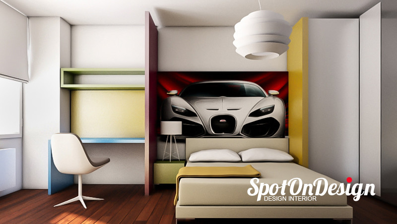 На фото: детская среднего размера в стиле модернизм с спальным местом, белыми стенами и паркетным полом среднего тона для подростка, мальчика