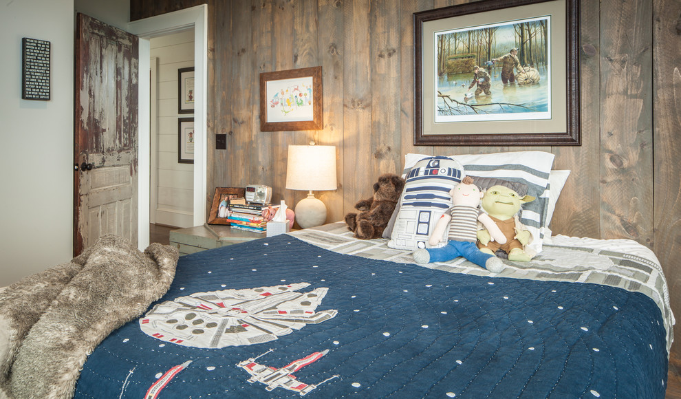 Example of a large farmhouse boy kids' room design in Other with brown walls