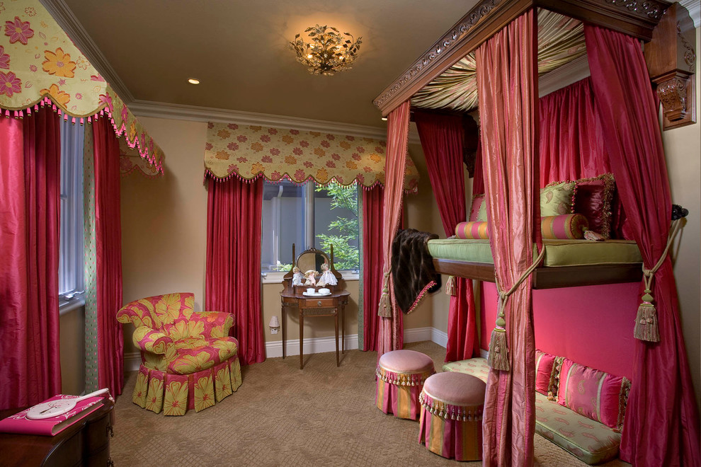 Photo of an eclectic kids' bedroom for girls in Orange County with beige walls and carpet.