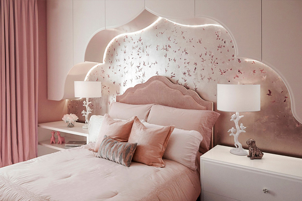 Large minimalist girl medium tone wood floor and brown floor kids' room photo in New York with pink walls